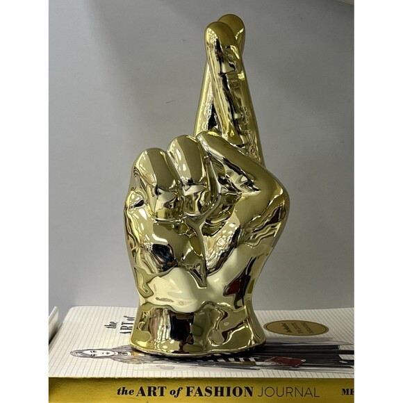 Ceramic FINGERS CROSSED Statue Decorative Figurine Gold Good Luck Home Decor - Picture 8 of 10